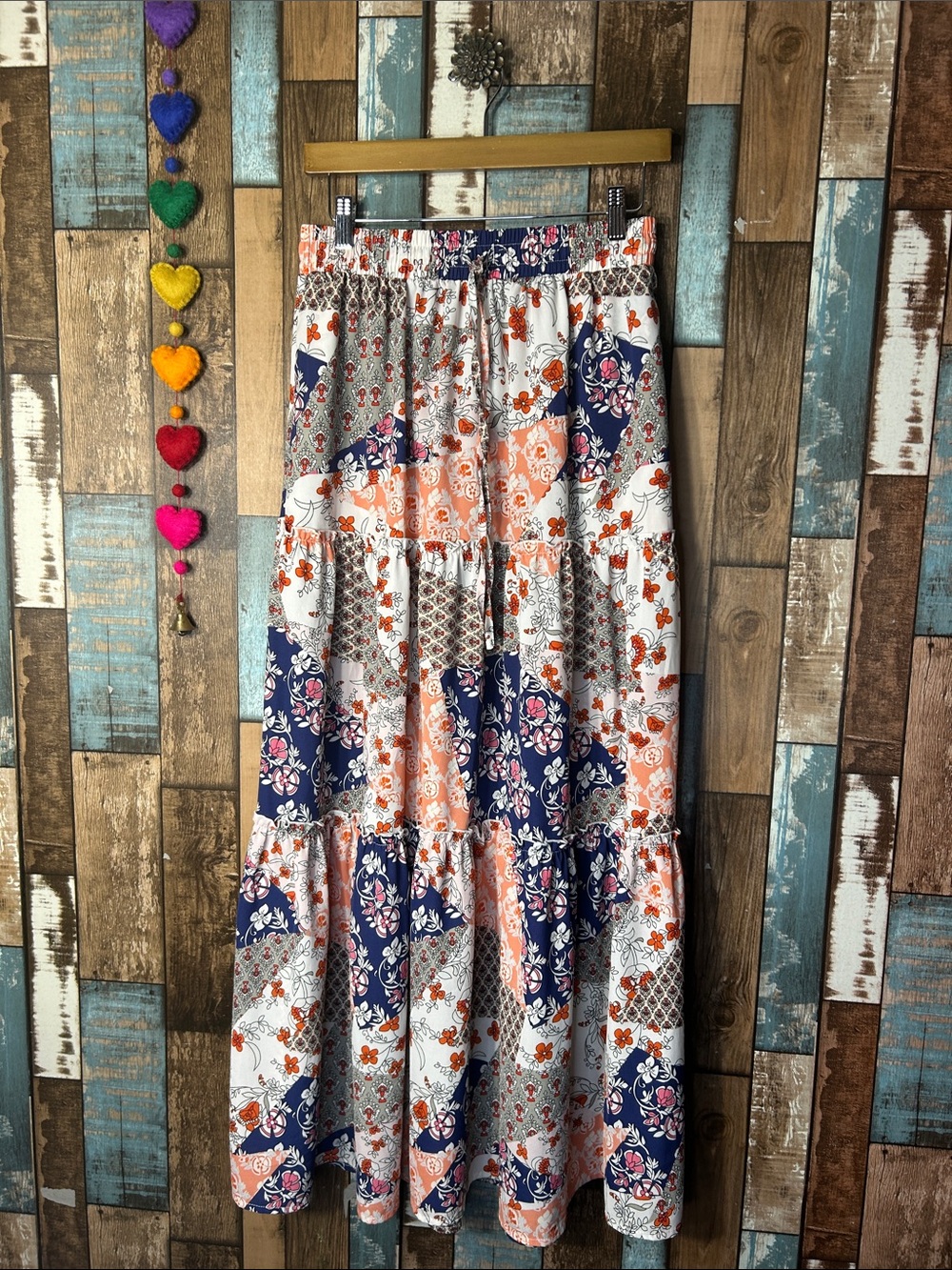 Patchwork Floral Tiered Maxi Skirt in Navy, Coral & White